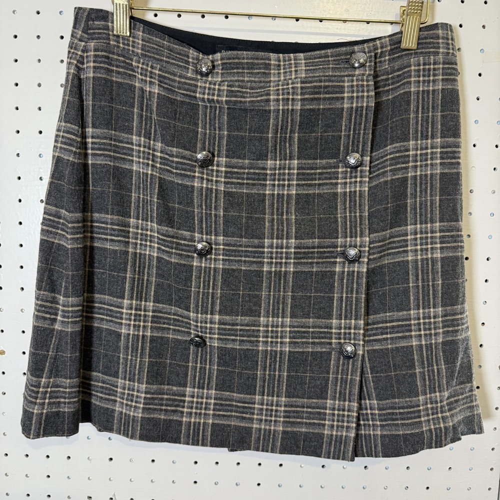 Banana‎ Republic Mini Skirt Women's 10 Gray Plaid Rayon Button Front Stretch Y2K